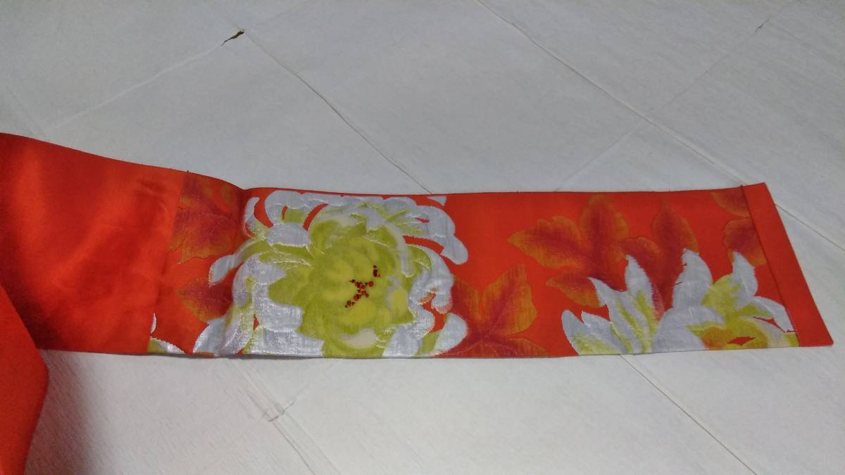 ヤフオク 朱色 花アレンジ 菊 六通 正絹 名古屋帯 少しア ヤフオク 朱色 花アレンジ 菊 六通 正絹 名古屋帯 少しア