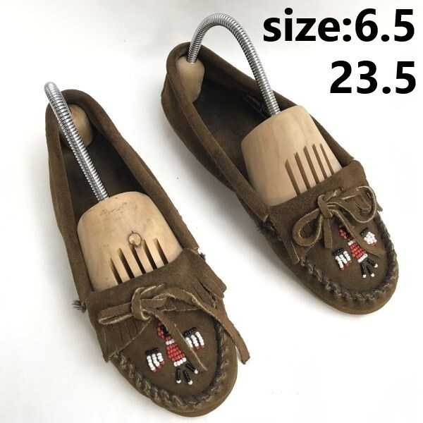Minnetonka/ミネトンカ★ビーズ裝飾/スエードレザーローファー/スリッポン【size:6.5/23.5/brown/茶】loafer/Shoes/trainers◆sA-190