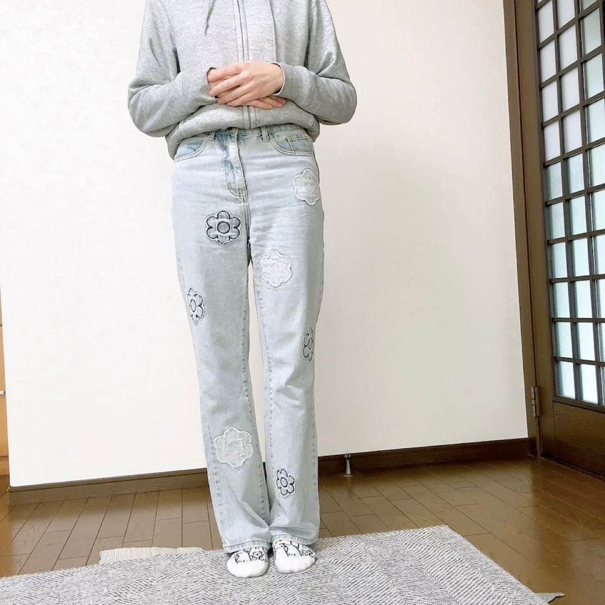 シーイン ストレートパンツ 花柄刺繍 デニム ジーンズ XS ハイウエスト ボトムス 古着