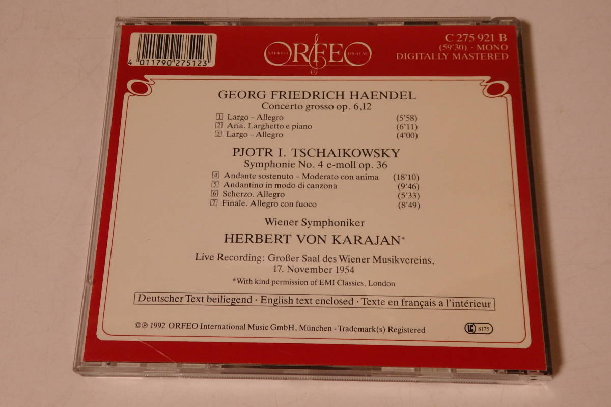 426 クラシック CD オルフェオヒストリカルライヴシリーズ ヘンデル 合奏協奏曲 チャイコフスキー 交響曲第4番 カラヤン_画像2
