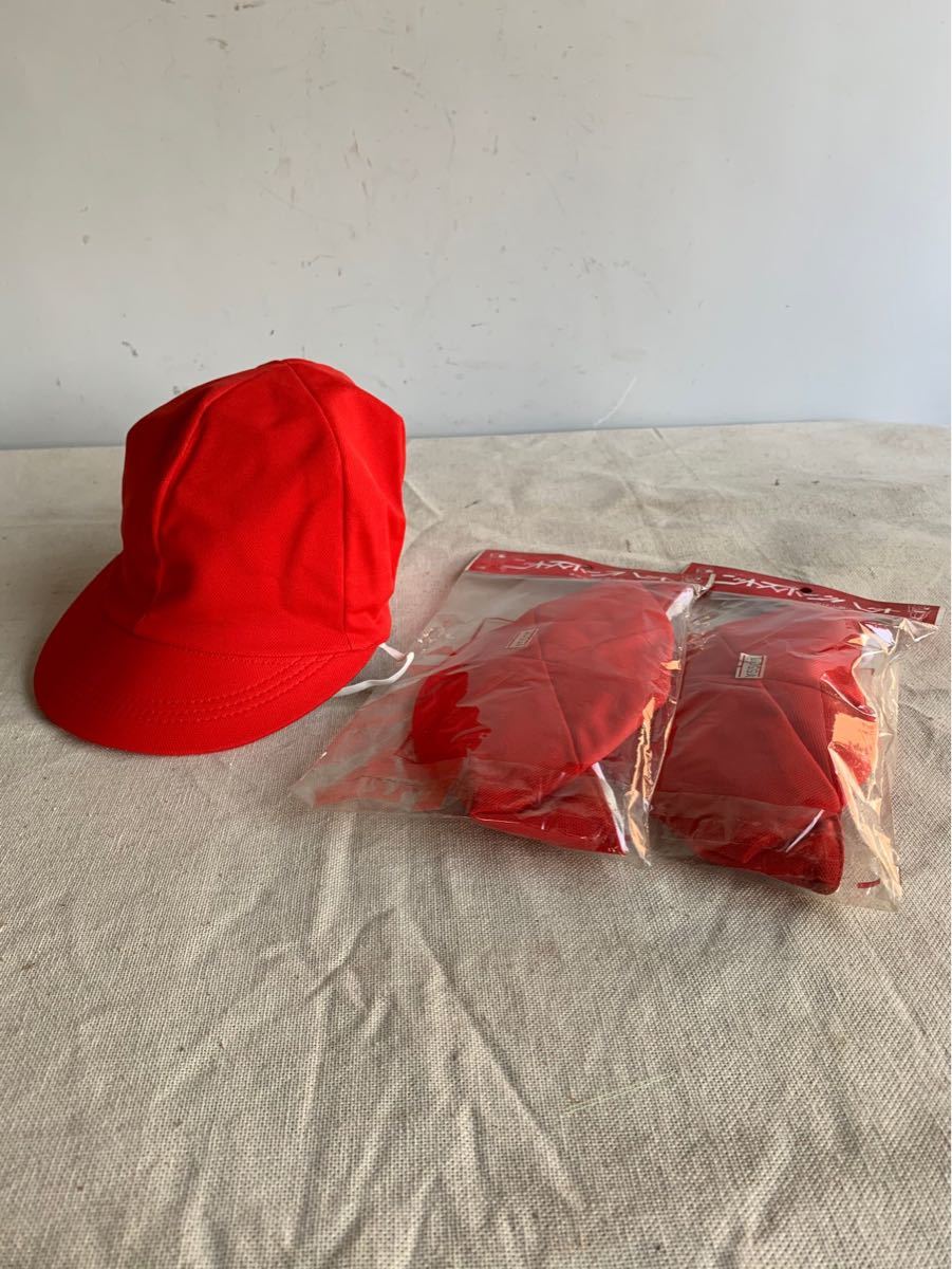 袋入り未使用デッドストック品 ニットスポーツハット3個セット 赤白帽紅白運動会昭和レトロ古道具ディスプレイポップ当時物コレクション