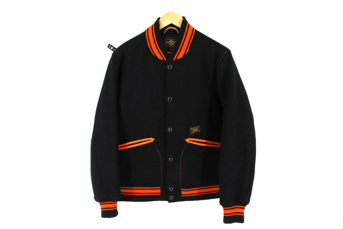 【極美品】WTAPS x HARRIS TWEED 13AW VARSITY JACKET ウール スタジャン ジャケット M ブラック/オレンジ 黒 スタジアム アワード_画像1