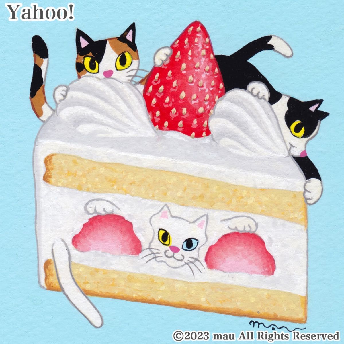 原画「三匹の猫〜いちごショートケーキでかくれんぼ」イラスト 原画「三匹の猫〜いちごショートケーキでかくれんぼ」イラスト