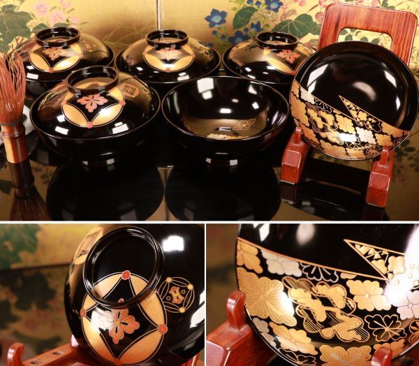 BJ019 時代輪島塗 七宝紋松竹梅図金蒔絵 吸物椀 五客 木製 Bibian 比比昂 - BJ019 時代輪島塗 七宝紋松竹梅図金蒔絵 吸物椀