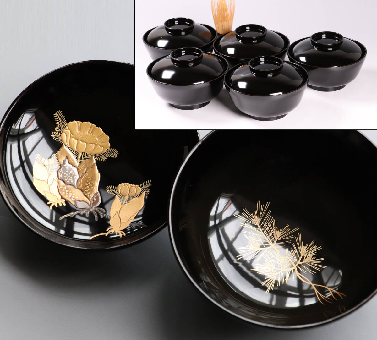 MA291 輪島塗 福寿草 見込み松 金蒔絵 黒塗椀 五客 木製漆器 高 MA291 輪島塗 福寿草 見込み松 金蒔絵 黒塗椀 五客 木製漆器 高