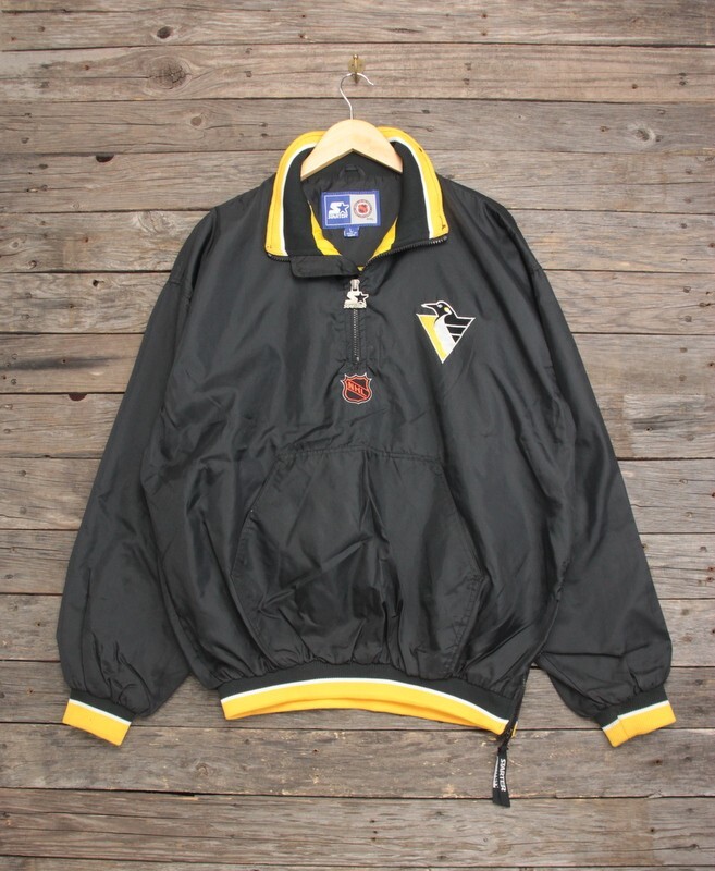 90’s NHL スターター製 ピッツバーグ ペンギンズ ナイロン ハーフジッ プルオーバーJKT 黒 表L