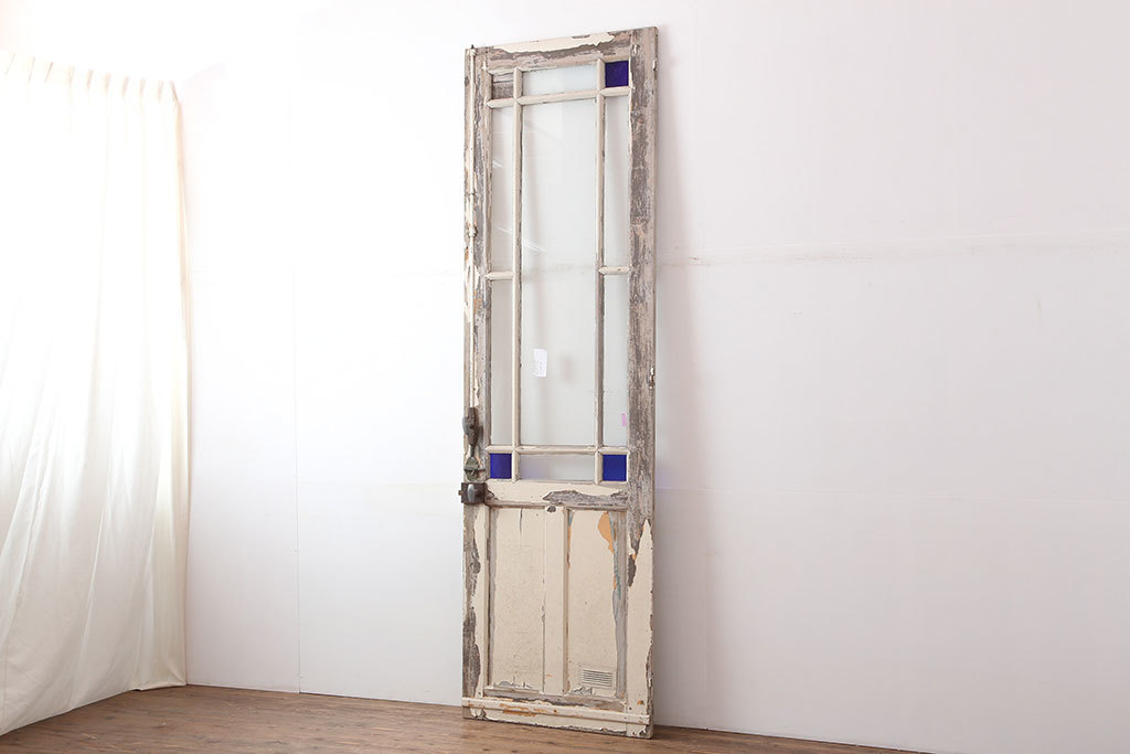 R-037016　アンティーク建具　フランスアンティーク　パイン材　色ガラスがおしゃれな木製ドア(扉、建具)(R-037016)