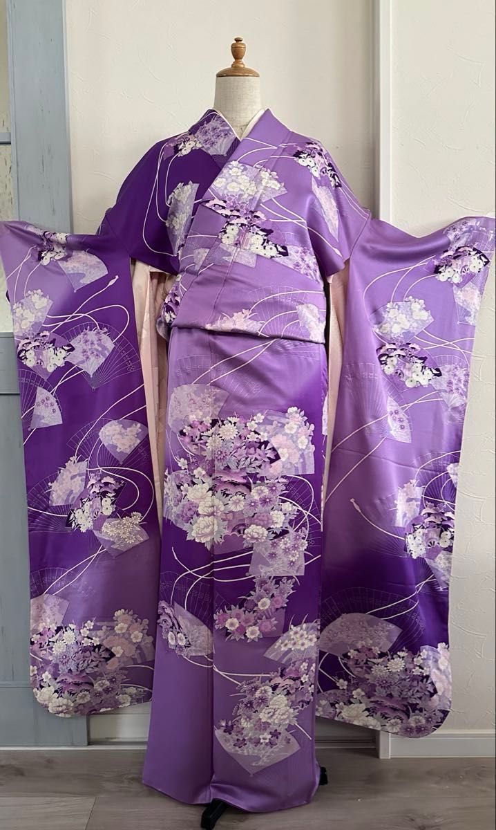 振袖・長襦袢セット 紫 花扇文様 銀箔 正絹 昭和レトロ｜Yahoo 