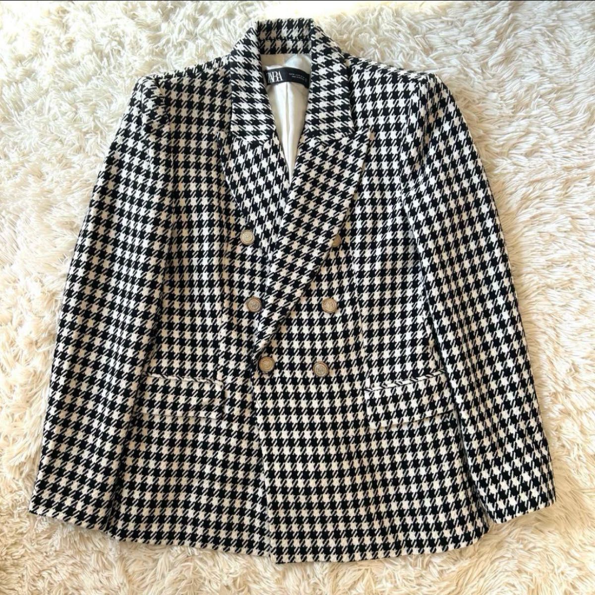 美品 ZARA ザラ 千鳥格子柄 ジャケット ダブルボタン 金ボタン M 美品 ZARA ザラ 千鳥格子柄 ジャケット ダブルボタン 金ボタン M