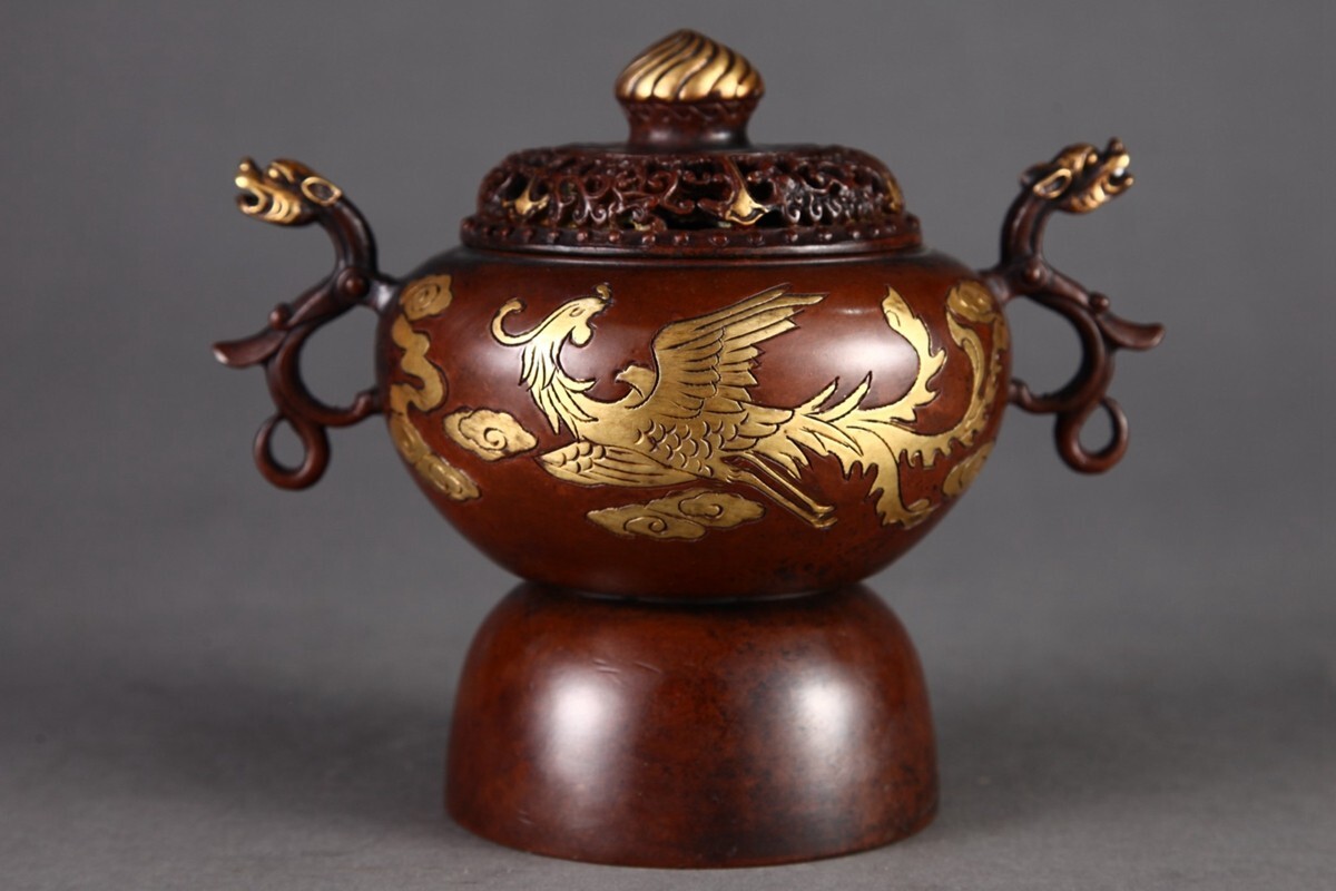古美術 赤絵 獅子蓋 香炉 時代物 骨董 希少(K-YC530) 銅器 獅子香炉 煎茶道具 金工 和骨董 古美術 骨董 2,4kg (Yahoo