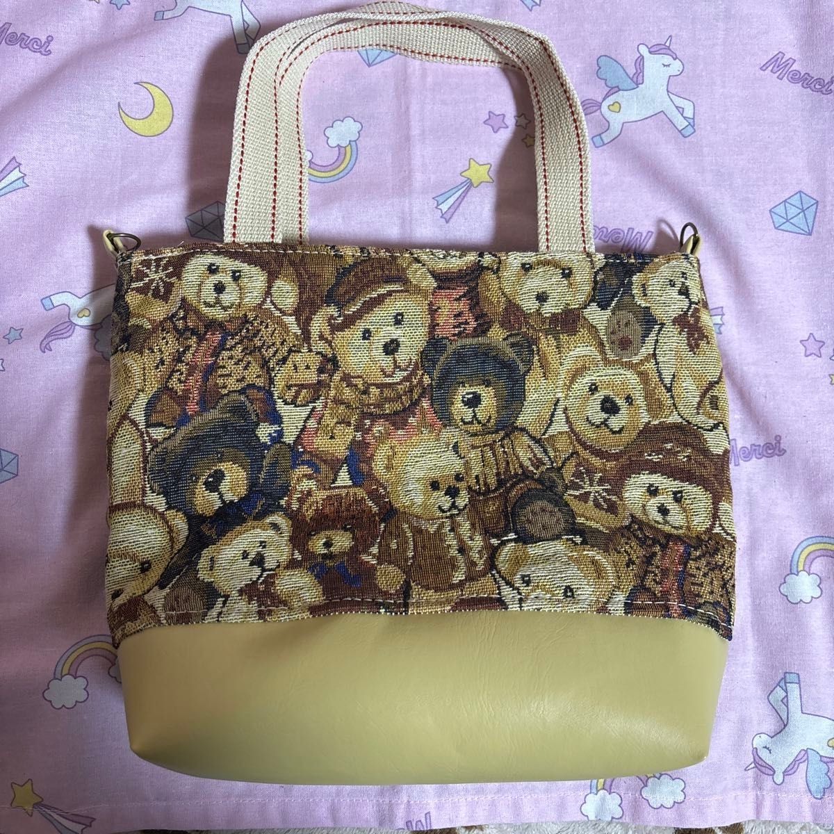 ハンドメイド ポケット付き巾着トートバッグ くまちゃん様 クマちゃん 