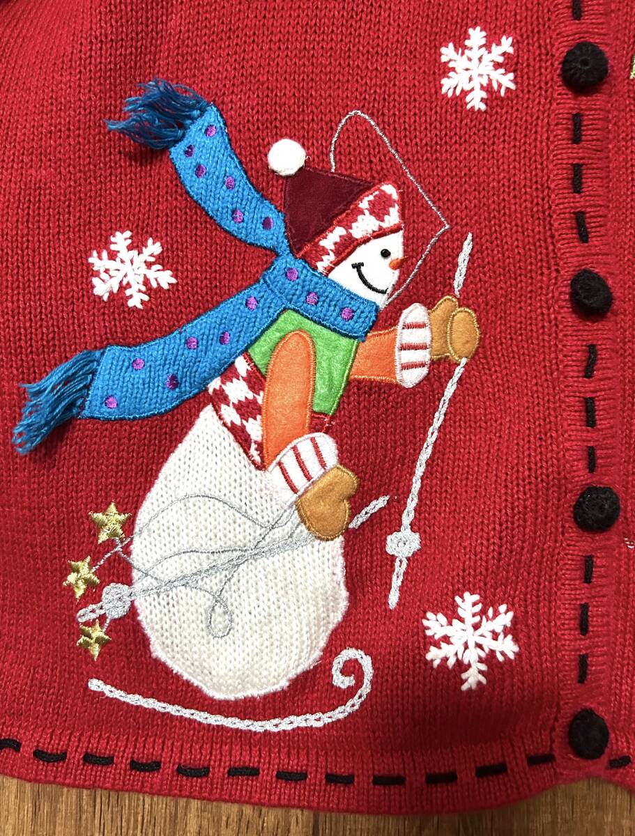 クリスマス アグリー ニット カーデ 赤 刺繍 スノーマン ヴィンテージ レトロ カラフル おしゃれ かわいい 古着/club723 クラブ723(N604