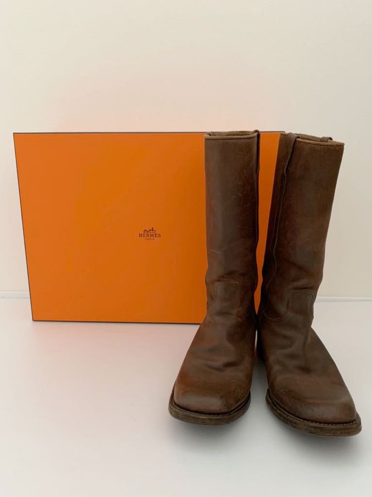 HERMES size40 ロングブーツ イタリア製 ブラウン メンズ エルメス 箱