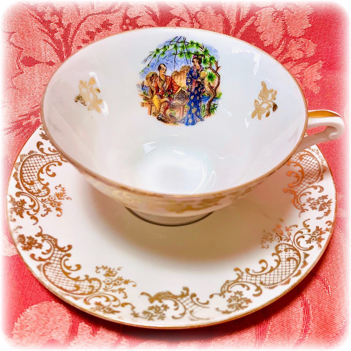 Limoges France 日本 和 江戸 着物 カップ&ソーサー ポーセリン Afternoon Tea アフタヌーンティー Porcelain JAPAN ティーカップ_画像1