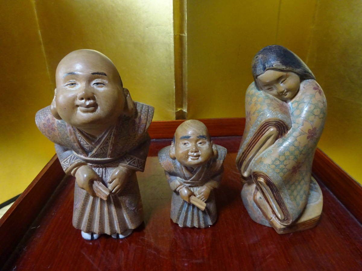 大人の上質 古い木彫りの福助さん二体とお多福さん(木製) その他