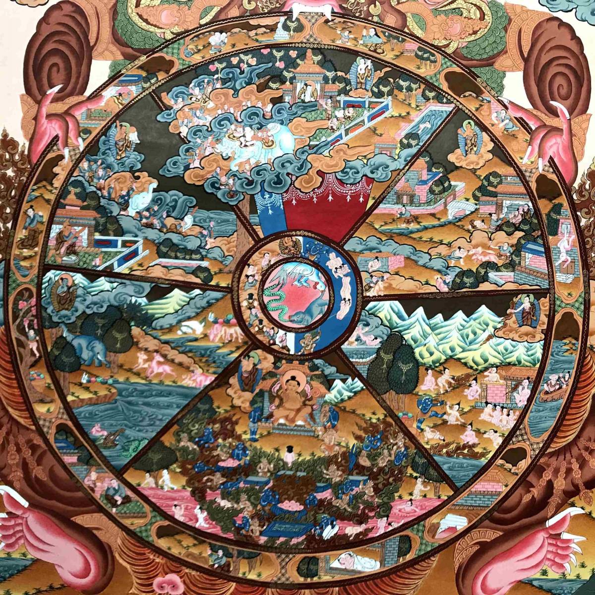 値下げ○仏教美術 『肉筆 　六道輪廻図　　曼荼羅　』 91cm 　細密画　　署名あり　　　検索：上質　西蔵 密教 チベット 仏画　閻魔 珍品_画像5