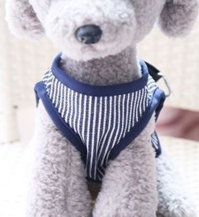 ベスト型 ハーネス【M】ストライプ/ネイビー★ 胴輪＆リード 著せやすくて苦しくない 小型犬 中型犬 デニム【紺 M】犬 ペット 犬服 