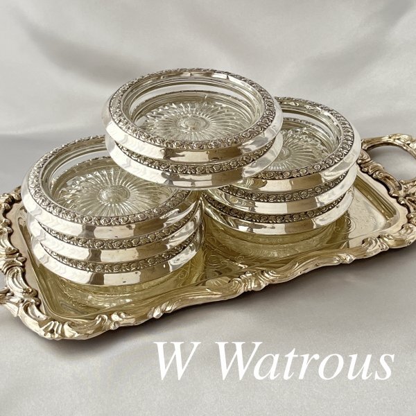 W Watrous】 【純銀 / ガラス】薔薇のレリーフのコースター 8個 W Watrous】 【純銀 / ガラス】薔薇のレリーフのコースター 8個
