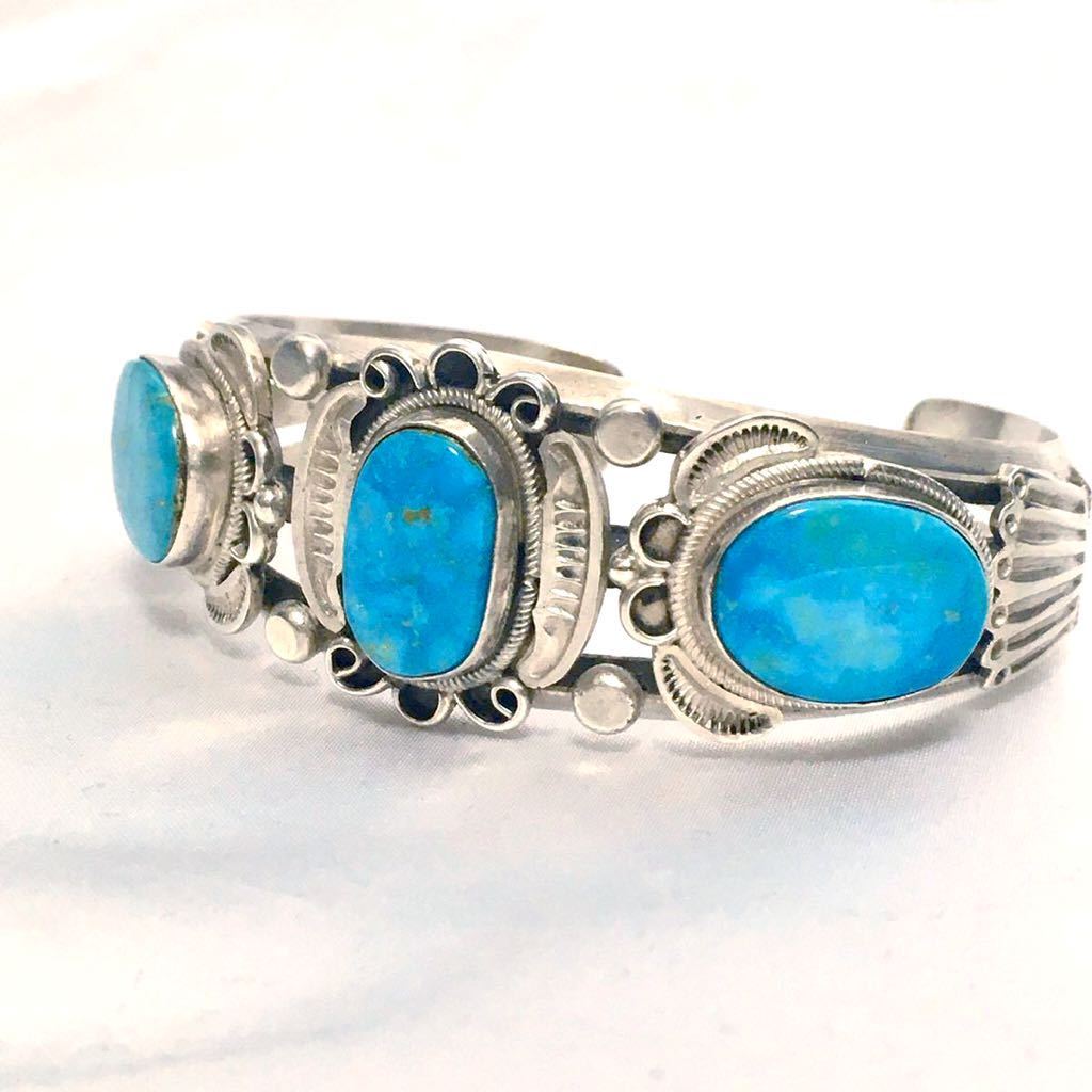 *3* Navajo Navajo Indian jewelry bangle R.TOM work silver turquoise 3 stone turquoise ho pizni beautiful goods!