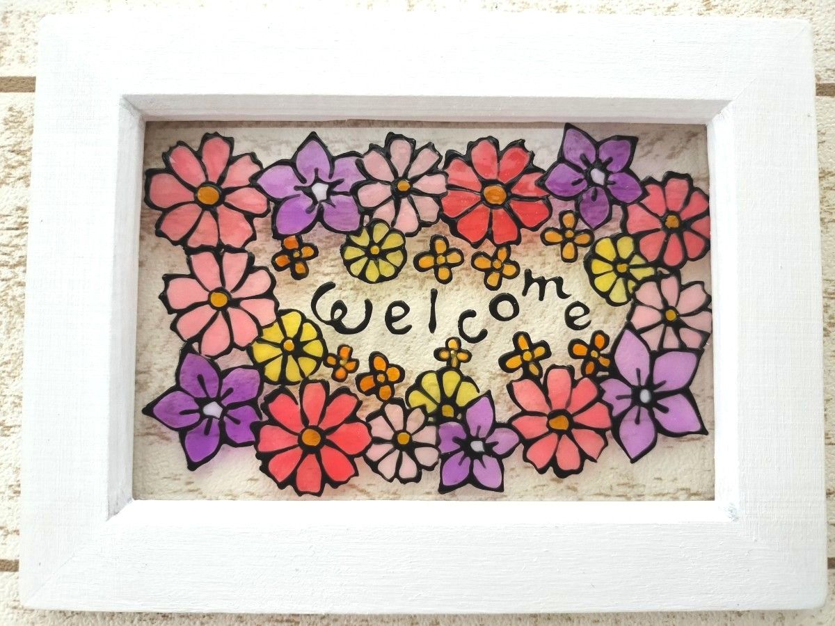 ステンドグラス風 秋のお花のwelcome コスモス 桔梗 金木犀 菊 ステンドグラス風 秋のお花のwelcome コスモス 桔梗 金木犀 菊