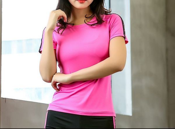 ヨガウェア Tシャツ M ピンク 速乾性 半袖 レディーストップス ラインが可愛いおしゃれ エクササイズ フィットネス ランニング