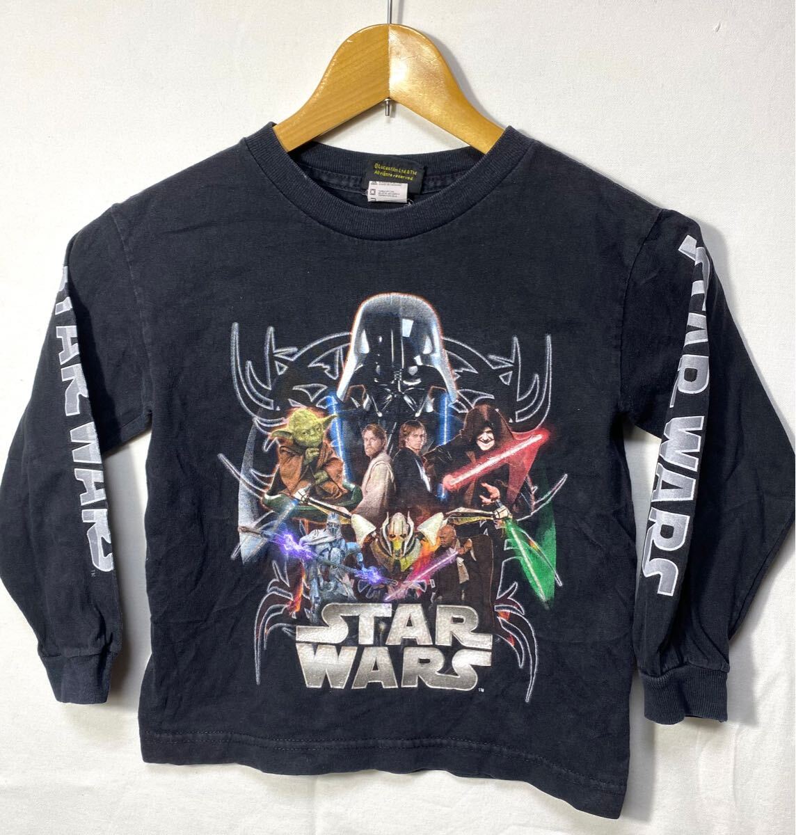 ■ 子供用 00s ビンテージ STARWARS スターウォーズ イラスト 長袖 Tシャツ 黒 サイズM ダースベイダー ヨーダ オビワン 映画 ムービー ■