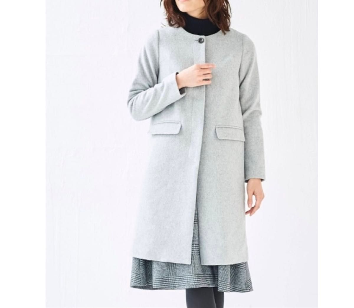 Perle Peche(ペルルペッシュ) ノーカラーロングコート グレー Perle Peche(ペルルペッシュ) ノーカラーロングコート グレー