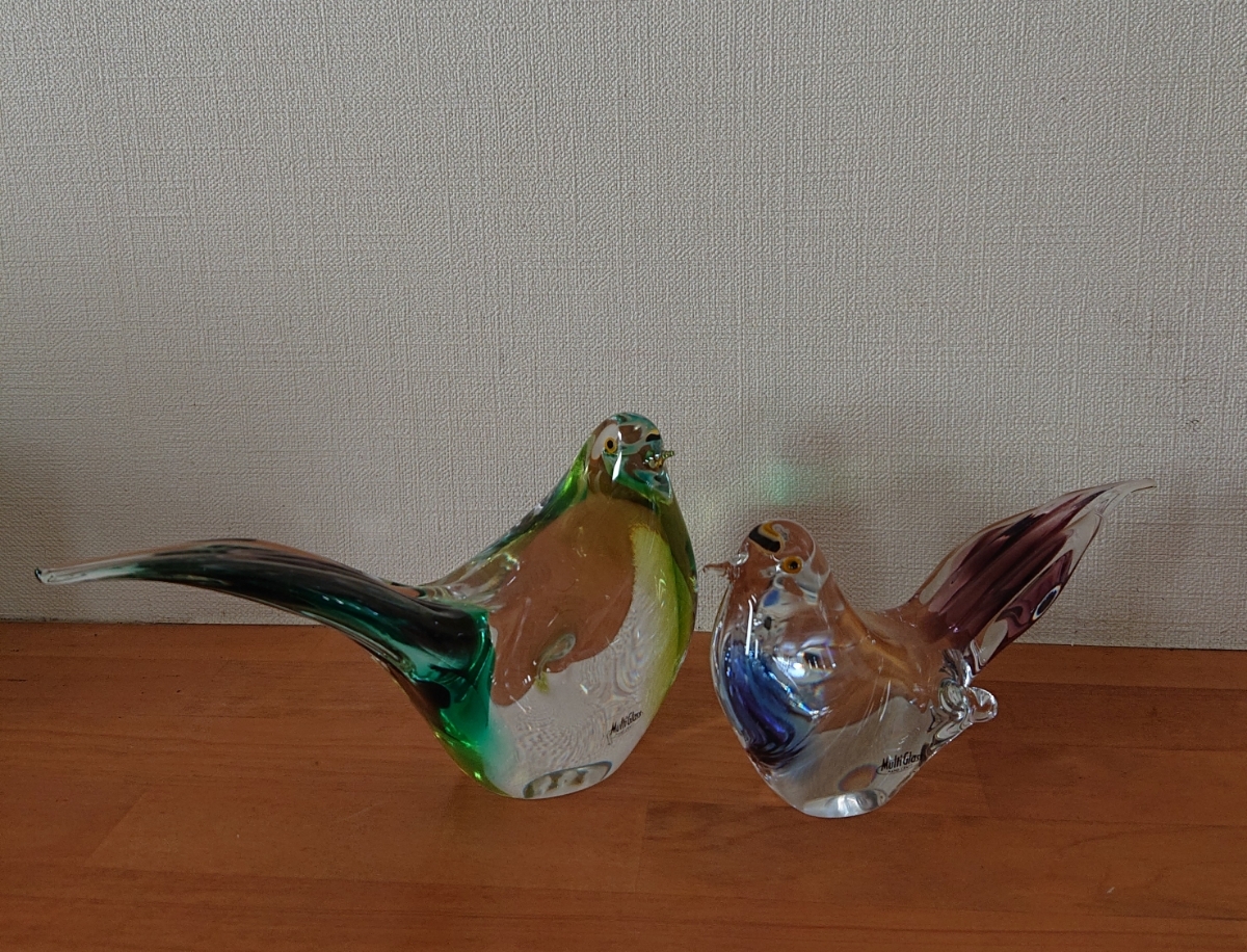 マルティグラス鳥の置物2体 ガラスバードオブジェマルチグラス 福岡ハンドクラフト1品ずつ手作りグラス1点物