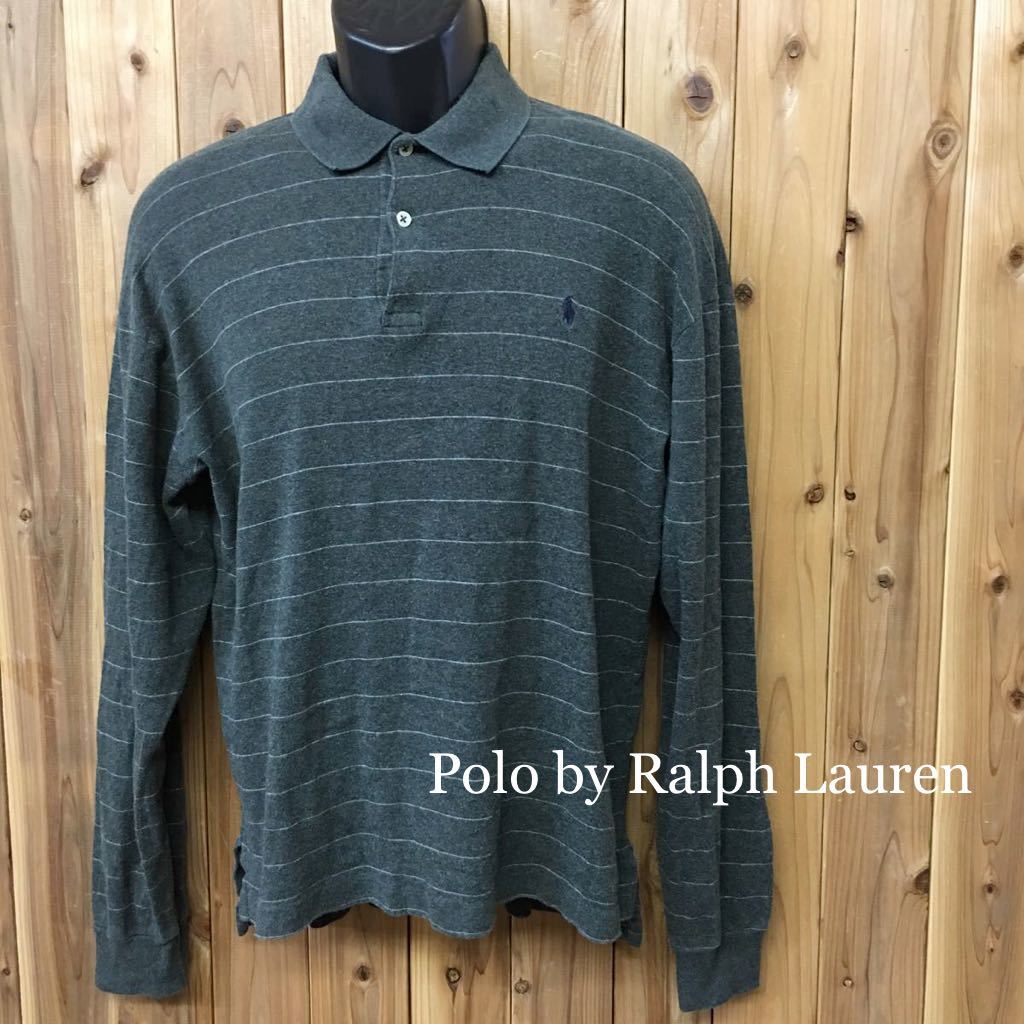 90s Polo by Ralph Lauren ◇ポロ ラルフローレン //メンズ size S グレー ボーダー ロゴ刺繍 長袖 ポロシャツ トップス コットン USA古着_画像1