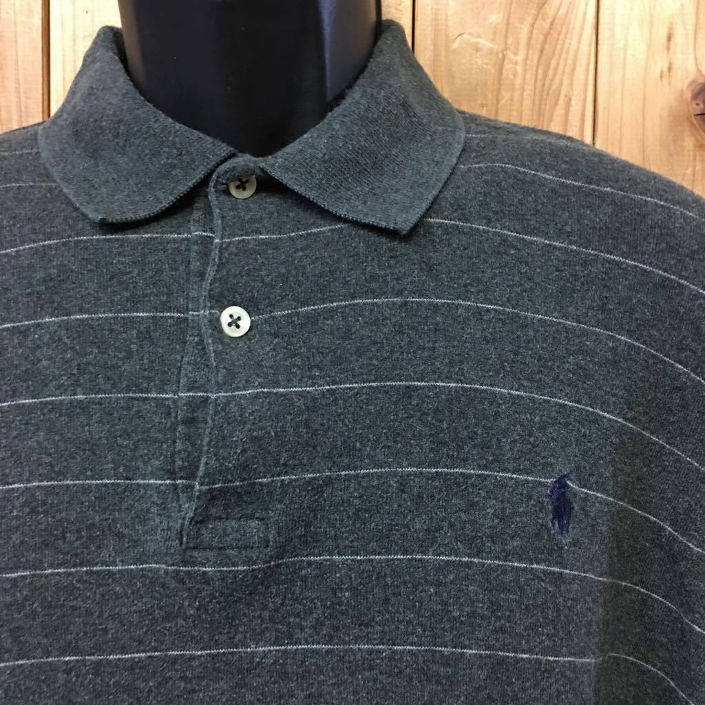 90s Polo by Ralph Lauren ◇ポロ ラルフローレン //メンズ size S グレー ボーダー ロゴ刺繍 長袖 ポロシャツ トップス コットン USA古着_画像3