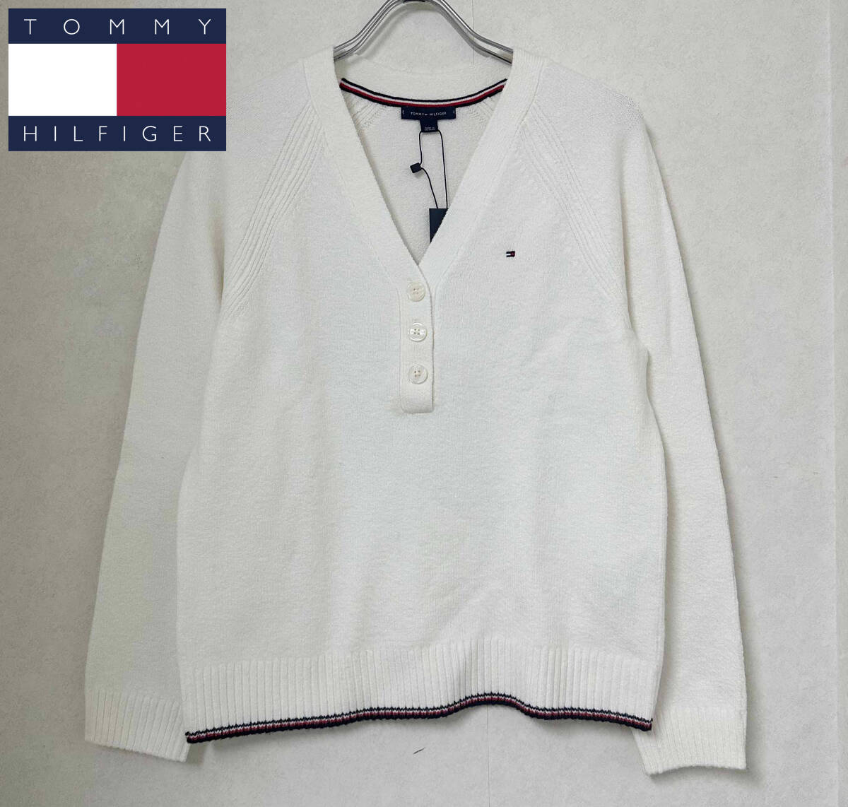 新品 XL ★ TOMMY HILFIGER トミーヒルフィガー ヘンリーネック コットン セーター US-L ホワイト オーバーサイズ プルオーバー Vネック