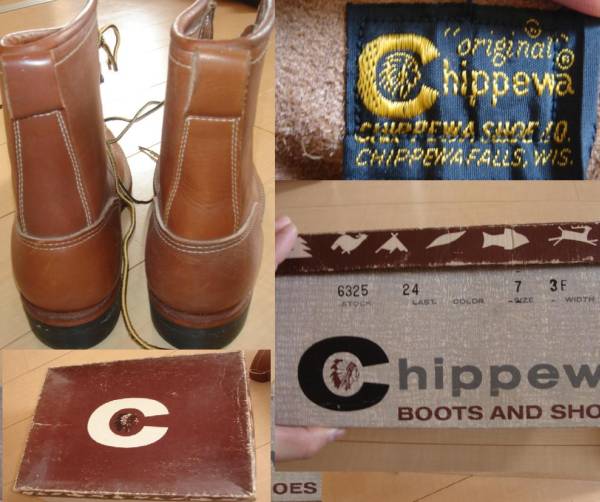 1960\'s dead stock CHIPPEWA Chippewa US7 Work boots Vintage 25.5cm braided up race up Brown tea color 
