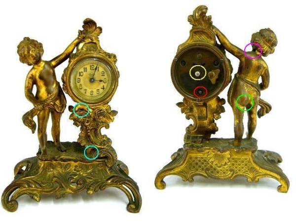 古い『少年立像置時計・ゼンマイ・金属製』不動・難有り