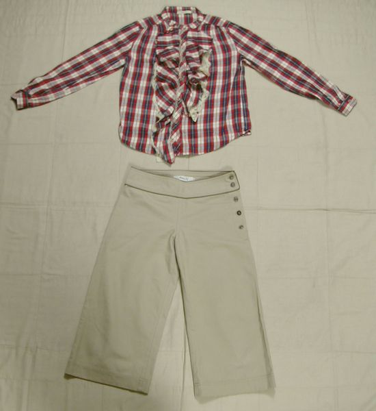 ■美品+USED:ヒラヒラチェックシャツ&8分丈幅広パンツ M位 　　　DmH92_画像1