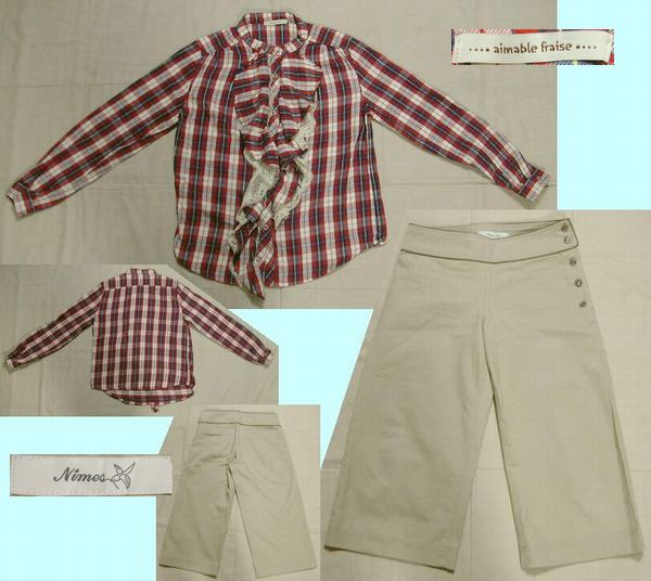 ■美品+USED:ヒラヒラチェックシャツ&8分丈幅広パンツ M位 　　　DmH92_画像2