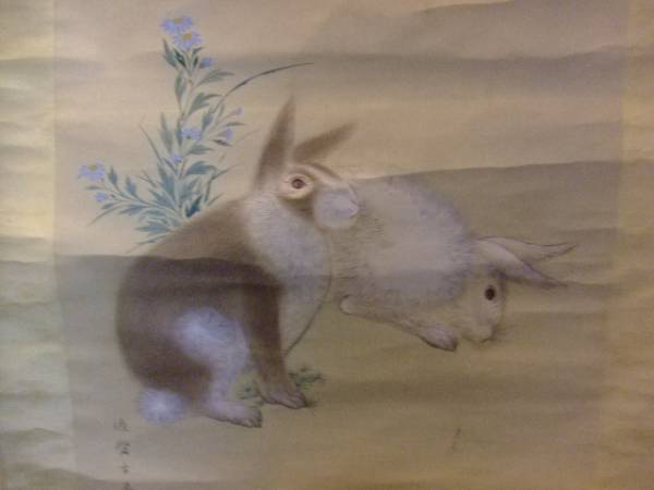 特価工芸品　掛軸　特価　花鳥画　ウサギ　送料無料　　12－15