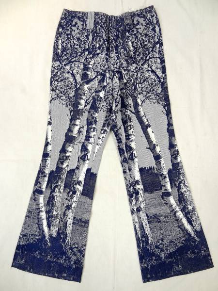 ビンテージ 希少 70S ウッドストック タイプ 総柄 ドット 木 白樺 フォト プリント フレア パンツ ベルボトム 青 白 寫(xiě)真 ブーツカット 珍