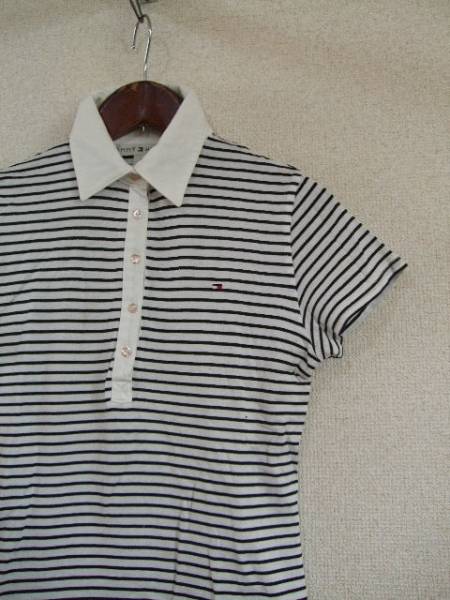 TOMMYHILFIGER白×黒ボーダー卆袖ポロシャツ（USED）50315②)