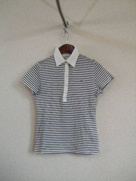 TOMMYHILFIGER白×黒ボーダー卆袖ポロシャツ（USED）50315②)