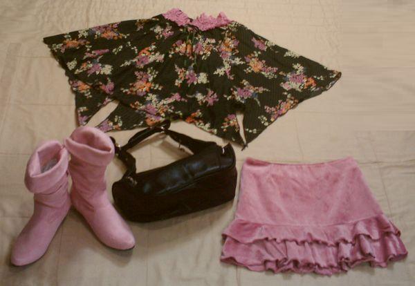 人気商品 ■ピンクのバックスキン調ブーツとスカート2点 バッグも(Dm687) その他
