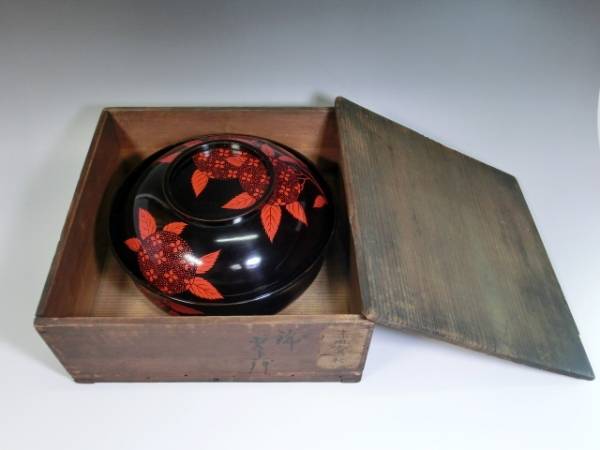 喰籠●赤画喰籠 菓子鉢 紫陽花 漆器 黒塗り朱花絵 共箱 時代物 骨董品 古美術■_画像1