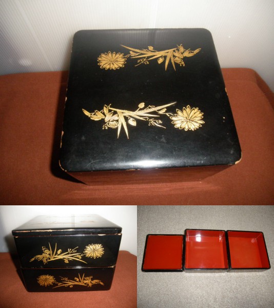 @@ времена японская посуда многоярусный контейнер старый .. лакированные изделия античный цветок . покрытие 