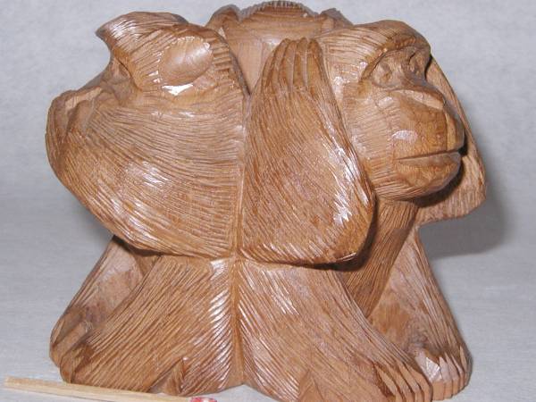 ＼半額SALE／ 日光彫/欅「三猿（ペン立）」 木工、竹工芸