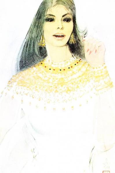 岩田専太郎「白いドレスの女」オフセット複製・木製額付・即決_快活そうな美人