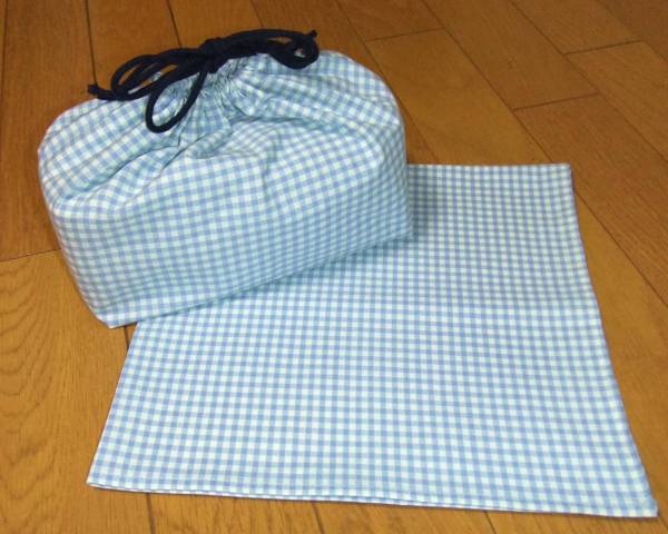 ★水色チェック　お弁當(dāng)袋&ランチクロスセット　ハンドメイド