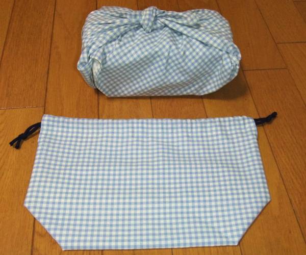★水色チェック　お弁當(dāng)袋&ランチクロスセット　ハンドメイド