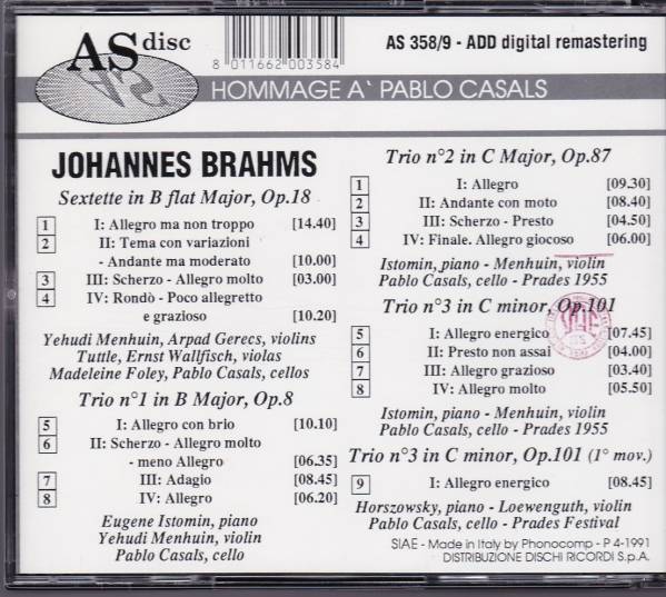 ブラームス ピアノ三重奏曲集 2CD カザルス メニューイン ASdisc_画像2
