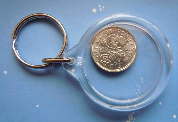* antique Britain LUCKY 6 PENCE coin key holder *