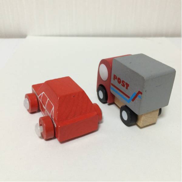 木制玩具 ミニカー 郵便トラック＋赤い車 2臺セット
