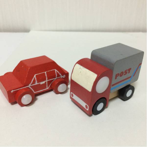 木制玩具 ミニカー 郵便トラック＋赤い車 2臺セット